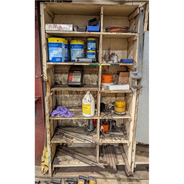 CUSTOM WOOD SHELVING UNIT W/ CONTENTS