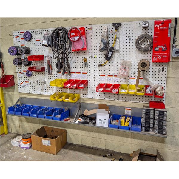 WALLMOUNTED PEGBOARD RACK & 2 SHELVES W/ CONTENTS