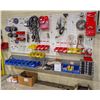 Image 1 : WALLMOUNTED PEGBOARD RACK & 2 SHELVES W/ CONTENTS