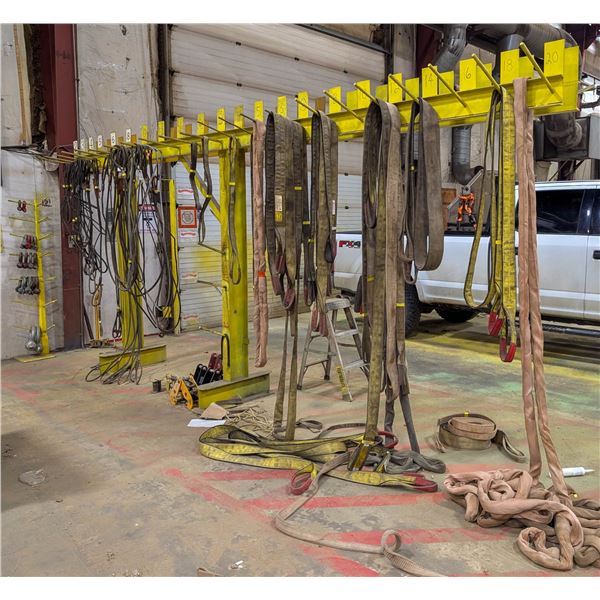 RACK OF ASSORTED SLINGS, STRAPS, CLAMPS & MORE