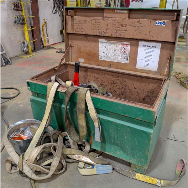 JOB BOX OF ASSORTED STRAPS, ROPES, CHAINS & HOISTS