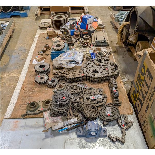 PALLET OF ASSORTED CHAINS, BEARINGS, SPROKETS &