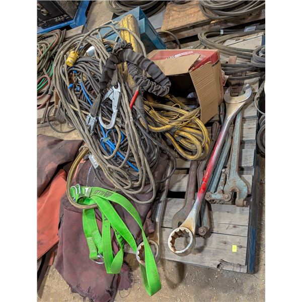 PALLET OF LARGE WRENCHES, CABLES & MORE