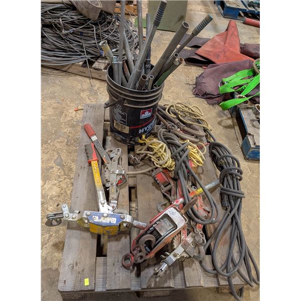PALLET OF COME-ALONGS, ROPES & MORE