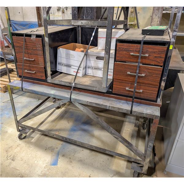CUSTOM METAL WORK TABLE W/ VINTAGE OFFICE DESK,