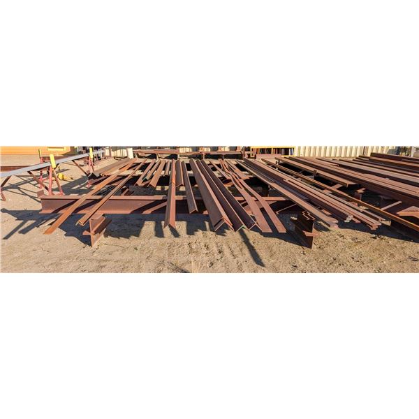 3 LONG I-BEAM STANDS W/ ASSORTED ANGLE IRON, FLAT