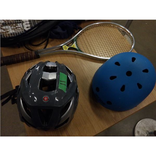 BOX C/W 2 BICYCLE HELMETS, 2 HAMMOCKS, & 2 RACKETS