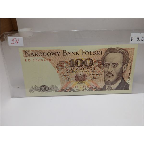 POLSKI BANK UNCIRCULATED 100 ZEOTYCH CURRANCY BANK NOTE