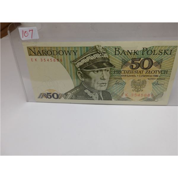 CRISP UNCIRCULATED POLSKI BANK 50 ZLOTYCH CURRANCY BANK NOTE