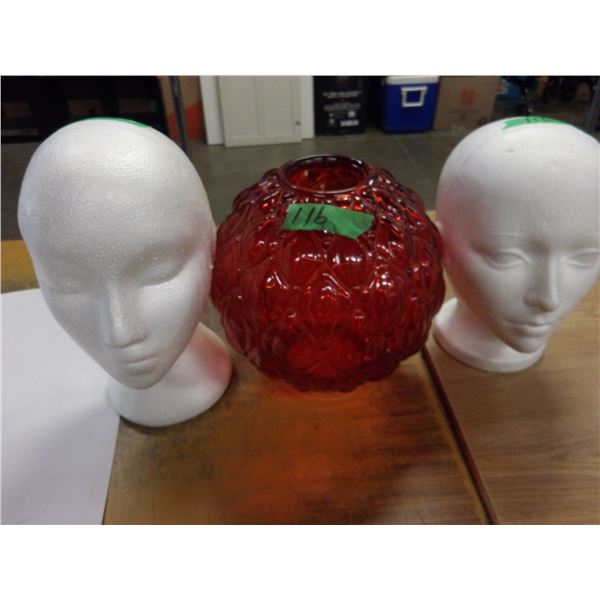 2 STYROFOAM MANNEQUIN HEADS, 1 LAMP SHADE
