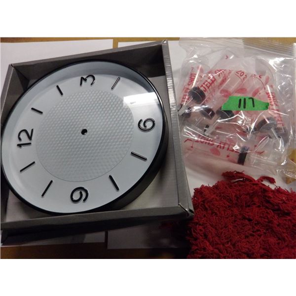 BOX C/W CLOCK PARTS, MASKS, SYRINGES, ETC