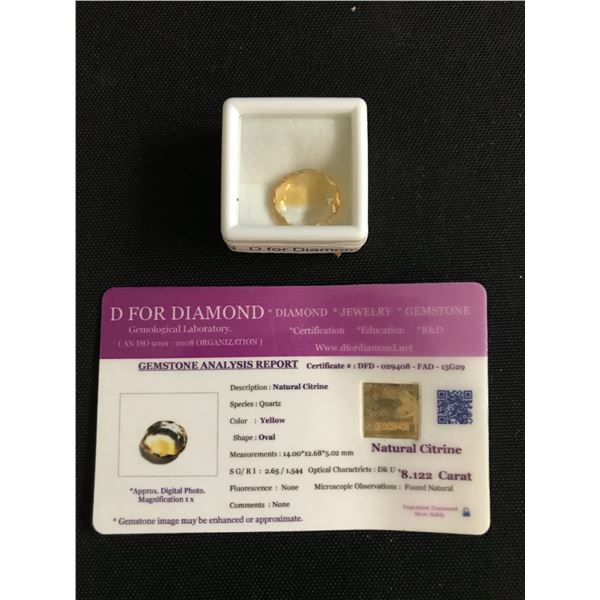 8.122 CARAT NATURAL CITRINE OVAL YELLOW WITH D FOR DIAMOND CERTIFICATION