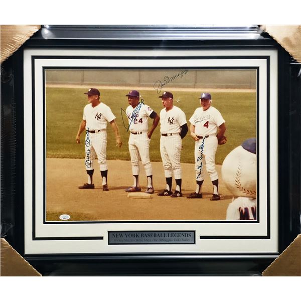 QUAD SIGNED AND FRAMED NEW YORK BASEBALL LEGENDS 8X10 - MANTLE, MAYS,. DIMAGGIO & SNYDER - JSA COA