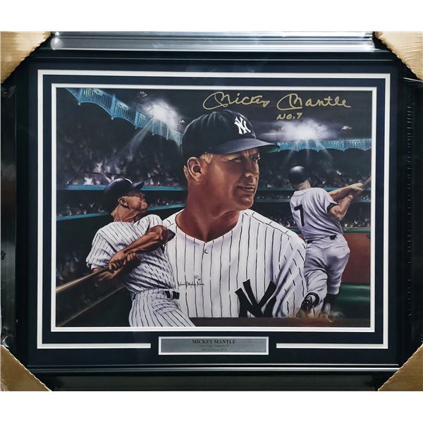 MICKEY MANTLE FRAMED, SIGNED AND INSCRIBED NO.7 8X10 - WITH COA