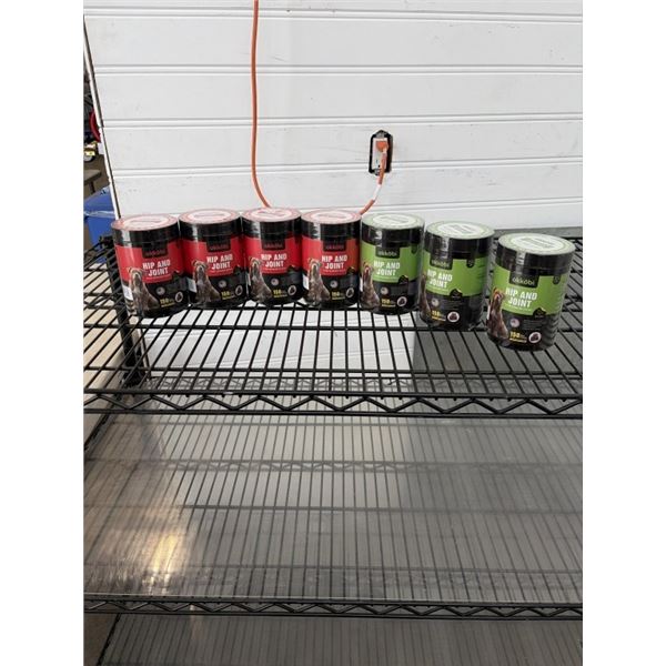 7 NEW TUBS OF OKKOBI HIP AND JOINT SOFT CHEWS, ASSORTED FLAVOURS 150 PER TUB, EXP OCT/2027