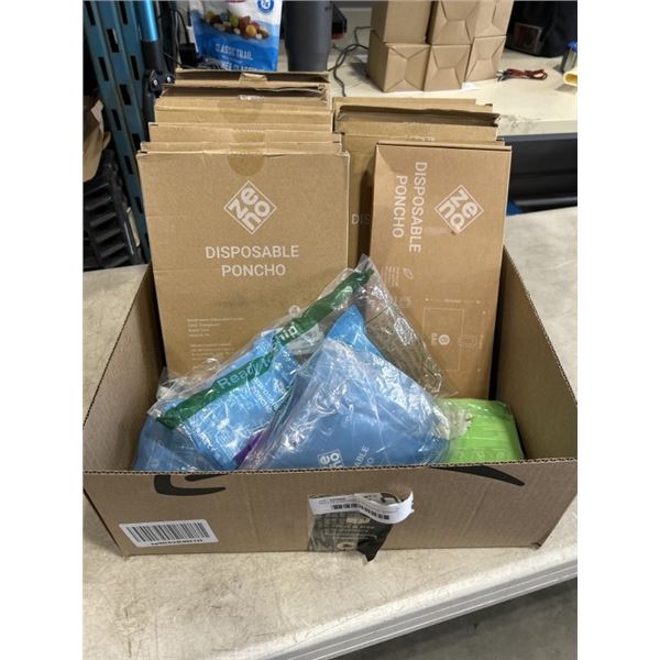 TRAY OF DISPOSABLE PONCHOS. APPROX 25 PACKAGES OF 4 PONCHOS