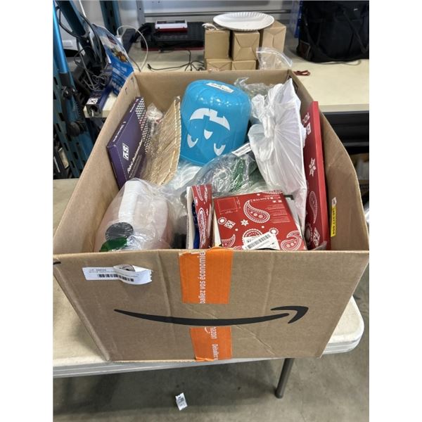 BOX OF AMAZON OVERSTOCK INCLUDING P&S CARPET BOMBER, SYROFOAM CUPS ETC