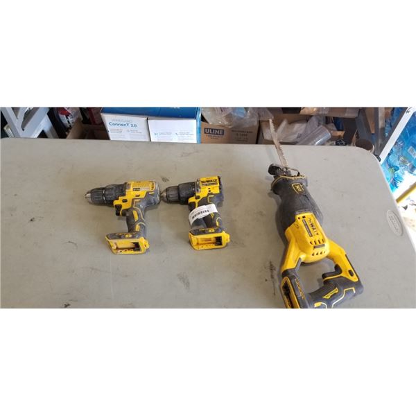 2 DEWALT 20V BRUSHLESS DRILLS AND 20V BRUSHLESS SAWS ALL, NO BATTERIES
