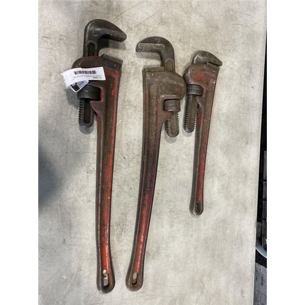 3 RIDGID PIPE WRENCHES. TWO 24'S AND ONE 18