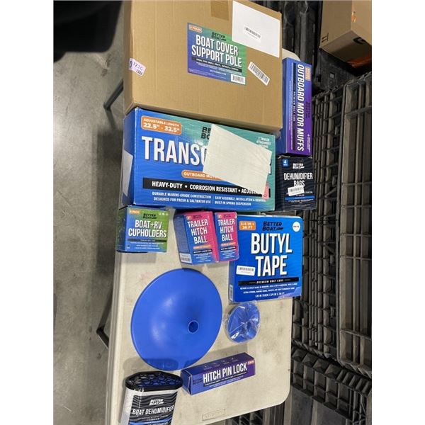 TRAY OF BETTER BOAT ITEMS INCUDING BOAT COVER SUPPORT POLE, TRANSCOM SAVER, HITCH PIN LOCK, OUTBOARD
