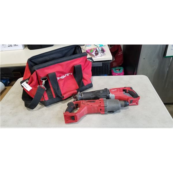 MILKWAUKE RECIPROCATING SAW AND ROTARY HAMMER IN HILTI WORK BAG. WORKING