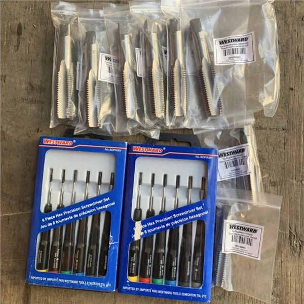 LOT OF 2 NEW WESTWARD PRECISION SCREWDRIVER SETS, 6 NEW M22 METRIC TAPS AND 2 M14 METRIC TAPS