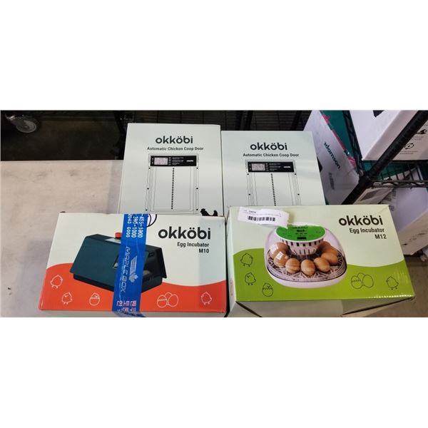 2 OKKOBI EGG INCUBATORS MODELS M10 & M12, AND 2 OKKOBI CHICKEN COOP DOORS