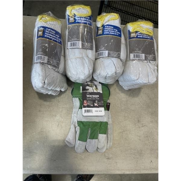 4 NEW PACKS POWER FIST (12 PAIRS PER PACK) LARGE COTTON LINER GLOVES, AND NEW MEDIUM WATSON GLOVES