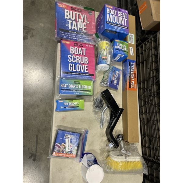 TRAY OF BETTER BOAT ITEMS INCLUDING LOADED TRAILER HITCH BALL MOUNT, STERN LIGHT POLE, BOAT FLUSH KI