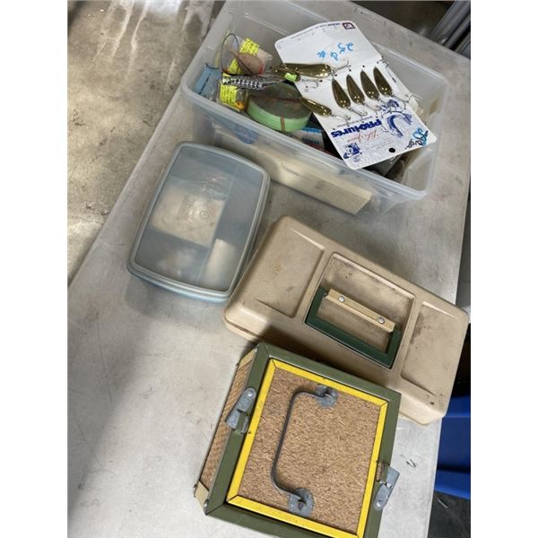 SMALL TOTE OF FISHING SUPPLIES AND TACKL BOXES