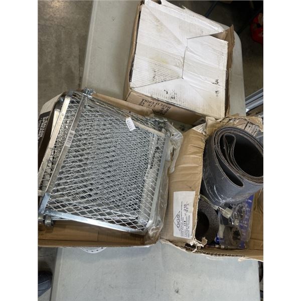 LOT OF NEW WESTWARD TOOLS AND SANDING BELTS WITH 2 BOXES OF BUCKET STRAINERS