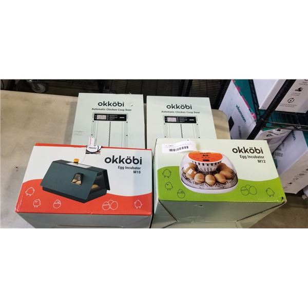 2 OKKOBI EGG INCUBATORS MODELS M10 & M12, AND 2 OKKOBI CHICKEN COOP DOORS
