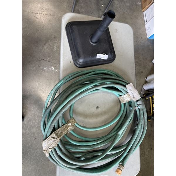 100 FOOT GARDEN HOSE AND HEAVY DUTY BLACK SQUARE PATIO UMBRELLA BASE