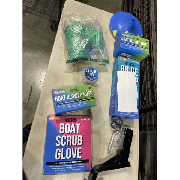 TRAY OF BETTER BOAT ITEMS INCLUDING TRAILER HITCH LOADED BALL MOUNT, BOAT BLOWER HOSE, BILGE PUMP HO