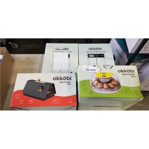 2 OKKOBI EGG INCUBATORS MODELS M10 & M12, AND 2 OKKOBI CHICKEN COOP DOORS