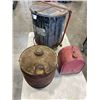 Image 1 : VINTAGE OILY WASTE CAN AND 2 VINTAGE METAL GAS CANS