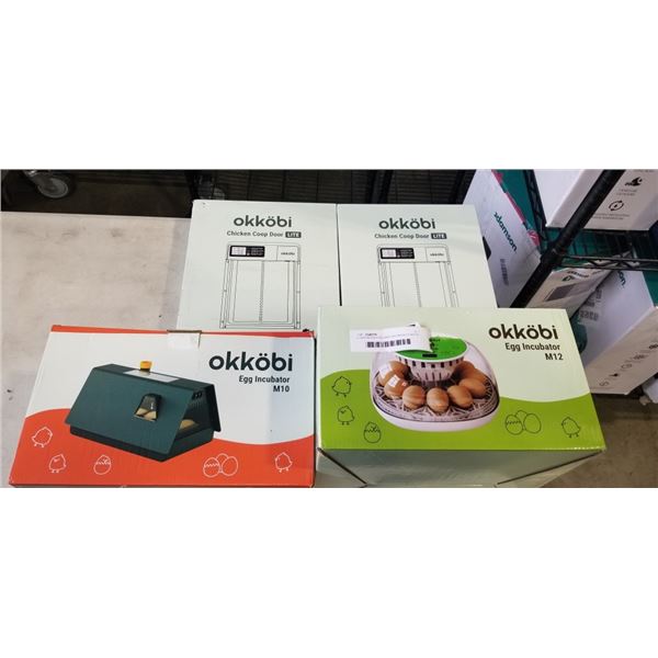 2 OKKOBI EGG INCUBATORS MODELS M10 & M12, AND 2 OKKOBI CHICKEN COOP DOORS