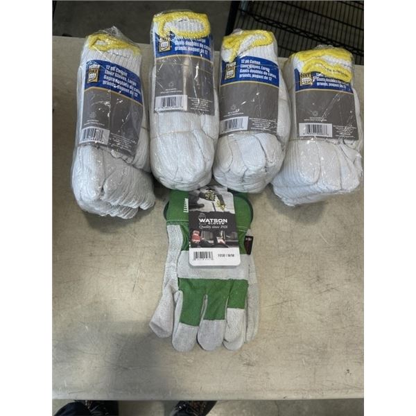 4 NEW PACKS POWER FIST (12 PAIRS PER PACK) LARGE COTTON LINER GLOVES, AND NEW MEDIUM WATSON GLOVES