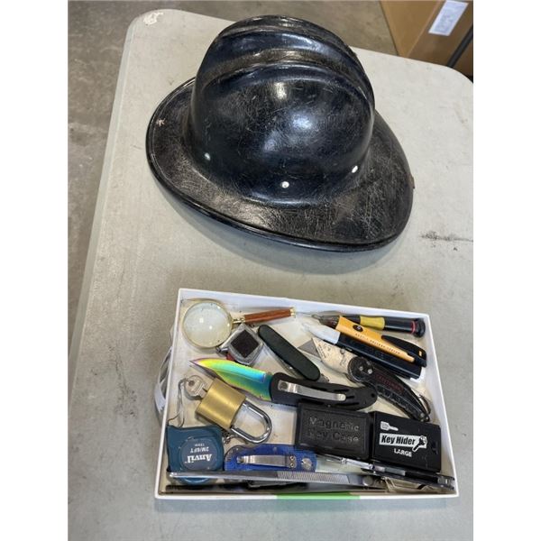 HARD HAT AND TRAY OF BLADES