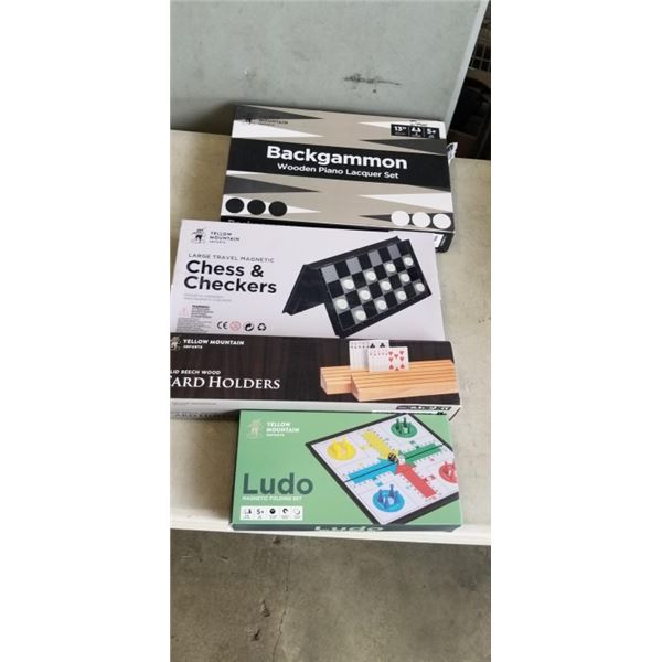 YELLOW MOUNTAIN GAMES INCLUDING BACKGAMMON WOODEN INLAID SET, CHESS & CHECKERS SET, FOLDING MAGNETIC