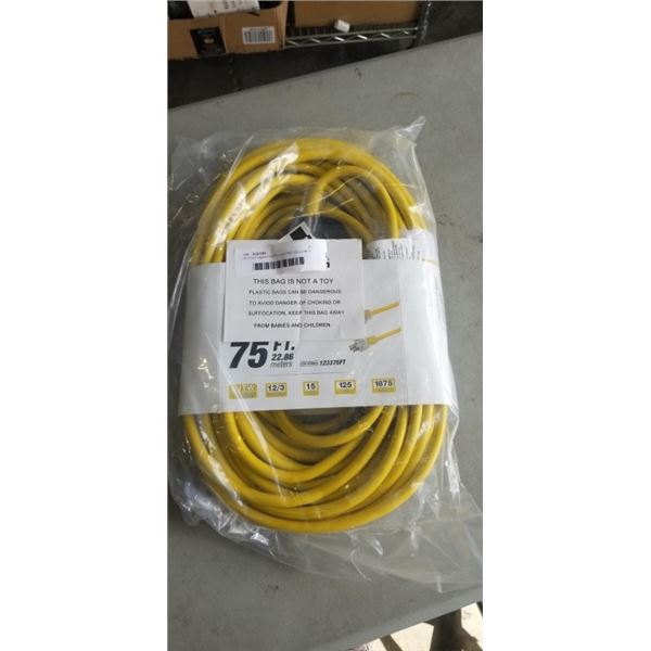 75 FOOT HEAVY DUTY LIGHTED YELLOW 3 OUTLET EXTENSION CORD. 12AWG/3C