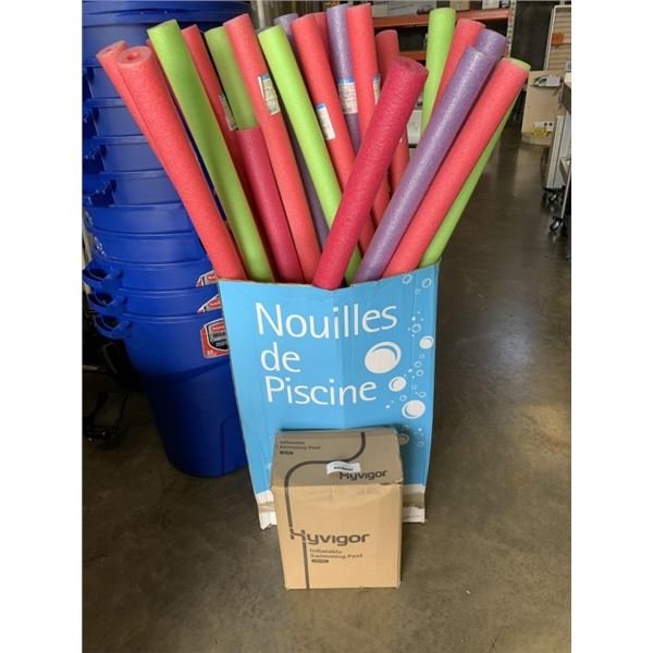 BOX OF NEW POOL NOODLES AND NEW INFLATABLE FAMILY POOL