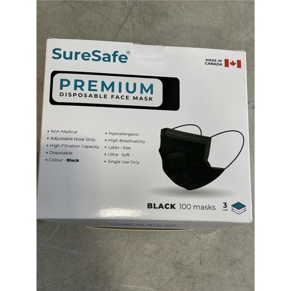 CASE OF SURESAFE PREMIUM BLACK DISPOSABLE FACE MASK. 10 BOXES WITH 100 MASK PER BOX