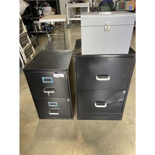 2 BLACK 2 DRAWER FILE CABINETS, ONE HAS KEYS AND SMALL METAL BOX