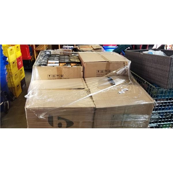 PALLET OF NEW LIGHTBULBS AND TRAMPOLINE ENCLOSURES