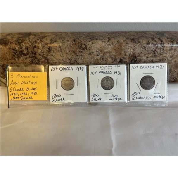 3 CANADIAN SILVER LOW MINTAGE 10 CENTS 1929, 1930, 1931 .800 SILVER
