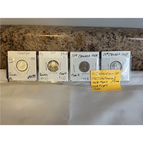 4 CANADIAN DIMES 1967 CENTENNIAL SILVER 1968 TYPE 1 SILVER DIME, 1968 TYPE 2, 1969 DIME