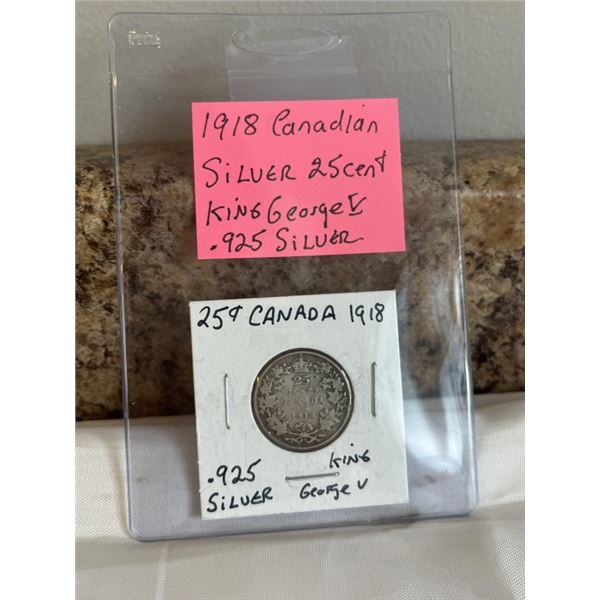 1918 CANADIAN SILVER 25 CENT .925 SILVER