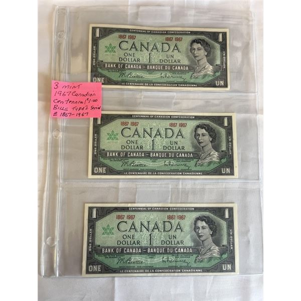 3 MINT 1967 CANADIAN CENTENNIAL $1 BILLS SERIAL # 1867-1967