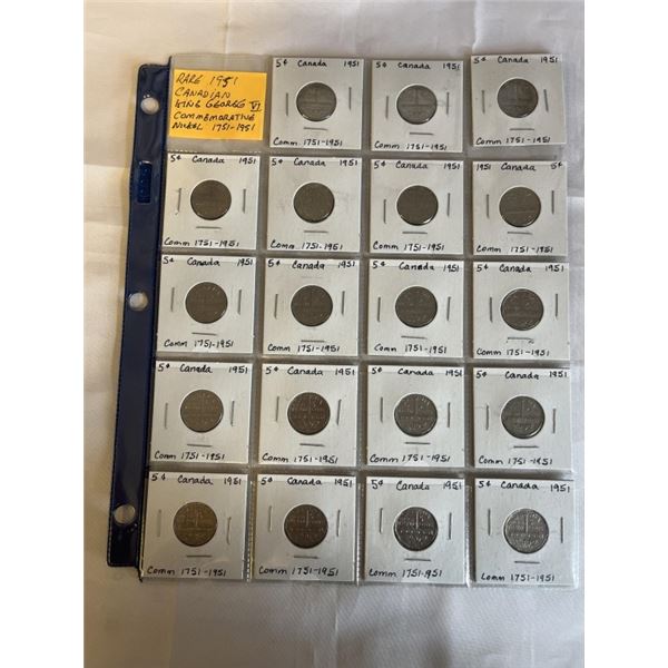 19 RARE 1951 CANDIAN KING GEORGE VI COMMEMORATIVE NICKLES 1751-1951